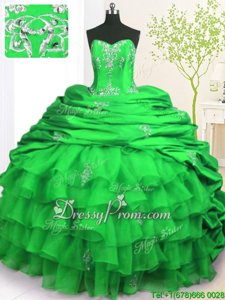 Vintage Green Organza and Taffeta Lace Up 15 Quinceanera Dress Sleeveless With Brush Train Beading and Appliques and Ruffled Layers and Pick Ups