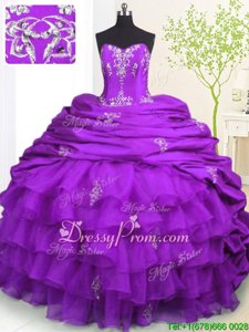Amazing Purple Sleeveless With Train Beading and Appliques and Ruffled Layers and Pick Ups Lace Up Quinceanera Gowns