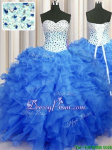 Ideal Beading and Ruffles Vestidos de Quinceanera Blue Lace Up Sleeveless Floor Length