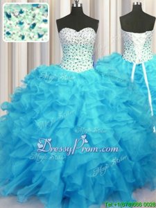 Baby Blue Ball Gowns Beading and Ruffles 15 Quinceanera Dress Lace Up Organza Sleeveless Floor Length