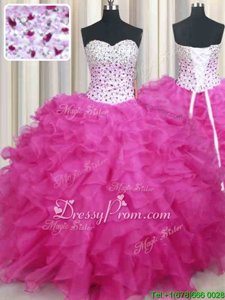 On Sale Sleeveless Floor Length Beading and Ruffles Lace Up Sweet 16 Quinceanera Dress with Hot Pink