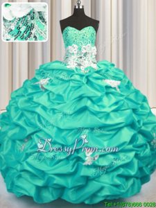 Taffeta Sweetheart Sleeveless Brush Train Lace Up Appliques and Sequins and Pick Ups Vestidos de Quinceanera inTurquoise
