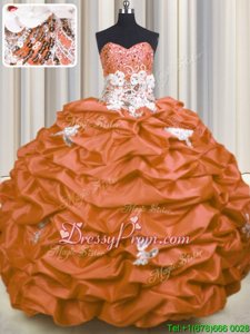 Enchanting With Train Orange Ball Gown Prom Dress Taffeta Brush Train Sleeveless Spring and Summer and Fall and Winter Appliques and Sequins and Pick Ups