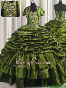 Custom Design With Train Ball Gowns Short Sleeves Olive Green 15th Birthday Dress Brush Train Lace Up