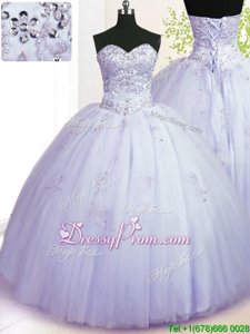 Unique Sweetheart Sleeveless Tulle Quinceanera Gown Beading and Appliques Lace Up