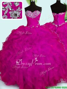 Fashion Organza Sweetheart Sleeveless Lace Up Beading and Ruffles Ball Gown Prom Dress inFuchsia