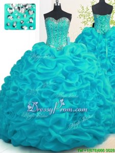 Clearance Aqua Blue Ball Gowns Sweetheart Sleeveless Organza With Brush Train Lace Up Beading and Ruffles Ball Gown Prom Dress