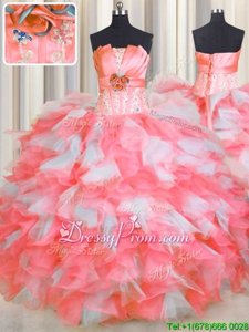 Stunning Pink And White Ball Gowns Organza Strapless Sleeveless Beading and Ruffles and Hand Made Flower Floor Length Lace Up Quinceanera Gowns