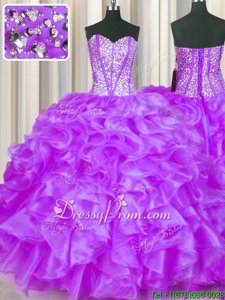 Great Sleeveless Organza Floor Length Lace Up Ball Gown Prom Dress inEggplant Purple forSpring and Summer and Fall and Winter withBeading and Ruffles
