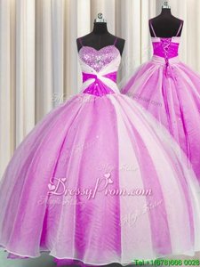 Popular Fuchsia Organza Lace Up 15th Birthday Dress Sleeveless Floor Length Beading and Sequins and Ruching
