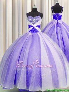 Modern Floor Length Lavender Vestidos de Quinceanera Organza Sleeveless Spring and Summer and Fall and Winter Beading and Sequins and Ruching