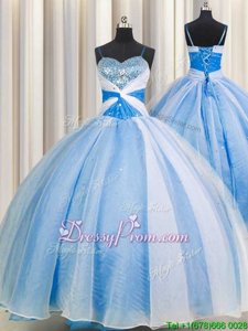 Elegant Baby Blue Chiffon Lace Up Spaghetti Straps Sleeveless Floor Length 15 Quinceanera Dress Beading and Sequins and Ruching
