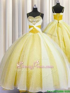 High End Organza Spaghetti Straps Sleeveless Lace Up Beading and Ruching Quince Ball Gowns inYellow