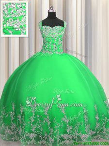 Extravagant Apple Green Ball Gowns Straps Sleeveless Tulle Floor Length Lace Up Beading and Appliques Quinceanera Dress