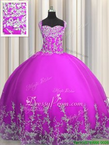 Purple Ball Gowns Tulle Straps Sleeveless Beading and Appliques Floor Length Lace Up Ball Gown Prom Dress