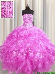 Cheap Rose Pink Ball Gowns Beading and Ruffles Quinceanera Gown Lace Up Organza Sleeveless Floor Length