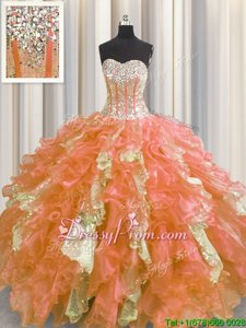 Adorable Sleeveless Floor Length Beading and Ruffles and Sequins Lace Up Quince Ball Gowns with Orange