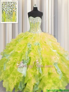 Free and Easy Yellow Sleeveless Floor Length Beading and Ruffles and Sequins Lace Up 15th Birthday Dress