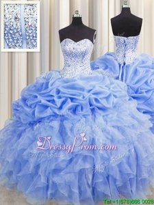 Dramatic Baby Blue Organza Lace Up Quinceanera Dress Sleeveless Floor Length Ruffles and Pick Ups
