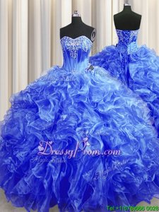 Adorable Sweetheart Sleeveless Quinceanera Gowns Sweep Train Beading and Ruffles Royal Blue Organza