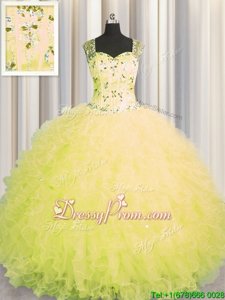 New Arrival Sleeveless Tulle Floor Length Zipper Quinceanera Dress inYellow forSpring and Summer and Fall and Winter withBeading and Ruffles