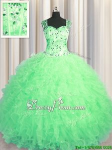 Popular Apple Green Straps Zipper Beading and Ruffles Ball Gown Prom Dress Sleeveless
