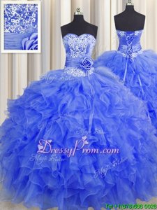 Dynamic Floor Length Royal Blue Quince Ball Gowns Organza Sleeveless Spring and Summer and Fall and Winter Beading and Ruffles and Hand Made Flower