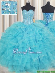 Pretty Floor Length Lace Up Sweet 16 Dresses Baby Blue and In forMilitary Ball and Sweet 16 and Quinceanera withBeading and Ruffles
