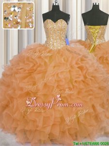 Glorious Orange Sweetheart Neckline Beading and Ruffles and Sashes|ribbons Ball Gown Prom Dress Sleeveless Lace Up