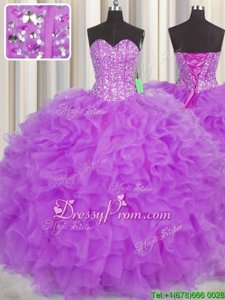 Sophisticated Purple Organza Lace Up Sweetheart Sleeveless Floor Length Ball Gown Prom Dress Beading and Ruffles and Sashes|ribbons