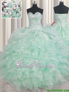 Gorgeous Apple Green Ball Gowns Beading and Ruffles Vestidos de Quinceanera Lace Up Organza Sleeveless Floor Length