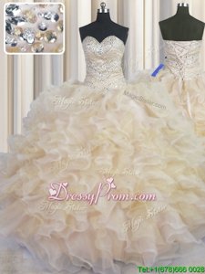 Modest Champagne Sleeveless Floor Length Beading and Ruffles Lace Up 15 Quinceanera Dress