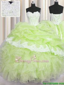 Unique Yellow Green Ball Gowns Organza Sweetheart Sleeveless Beading and Appliques and Ruffles and Pick Ups Floor Length Lace Up Quinceanera Gowns