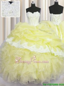 Elegant Light Yellow Ball Gowns Sweetheart Sleeveless Organza Floor Length Lace Up Beading and Appliques and Ruffles and Pick Ups Sweet 16 Dress