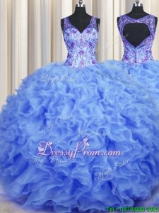 Charming Sleeveless Floor Length Beading and Appliques and Ruffles Zipper Ball Gown Prom Dress with Blue