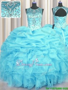 Dazzling Sleeveless Organza Floor Length Lace Up Sweet 16 Dress inAqua Blue forSpring and Summer and Fall and Winter withBeading and Ruffles and Pick Ups