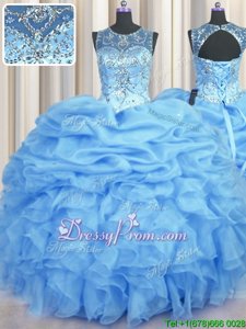 Top Selling Light Blue Ball Gowns Organza Scoop Sleeveless Beading and Ruffles and Pick Ups Floor Length Lace Up Quinceanera Gown
