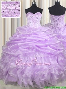 Exquisite Lavender Sweetheart Neckline Beading and Ruffles and Pick Ups 15th Birthday Dress Sleeveless Lace Up