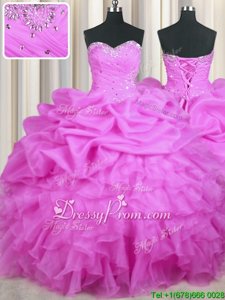 Traditional Floor Length Lace Up Sweet 16 Quinceanera Dress Lilac and In forMilitary Ball and Sweet 16 and Quinceanera withBeading and Ruffles and Sequins and Ruching