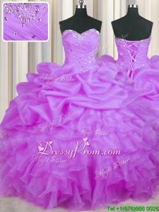 Fabulous Purple Organza Lace Up Sweet 16 Quinceanera Dress Sleeveless Floor Length Beading and Ruffles and Pick Ups