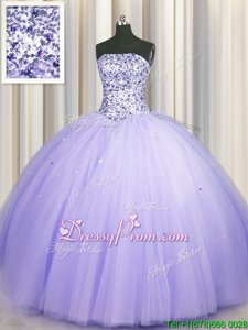Top Selling Tulle Strapless Sleeveless Lace Up Beading and Sequins Sweet 16 Quinceanera Dress inLavender