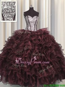 Spectacular Sweetheart Sleeveless Lace Up Quinceanera Gown Brown Organza and Sequined