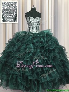 Excellent Sweetheart Sleeveless Organza and Sequined Vestidos de Quinceanera Ruffles and Sequins Lace Up
