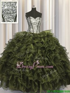 Sumptuous Sweetheart Sleeveless Organza and Sequined Quinceanera Gown Ruffles and Sequins Lace Up