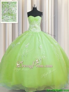 Customized Yellow Green Sleeveless Floor Length Beading and Appliques Lace Up 15th Birthday Dress