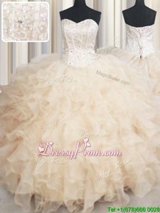 Excellent Organza Sweetheart Sleeveless Lace Up Beading and Ruffles Quinceanera Dresses inChampagne