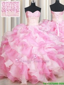 Chic Pink And White Ball Gowns Organza Sweetheart Sleeveless Beading and Ruffles Floor Length Lace Up Ball Gown Prom Dress