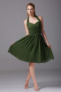 Ruched Chiffon Halter Quinceanera Dama Dress in Olive Green 2014