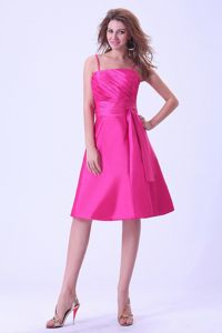 Hot Pink Pleated Dama Dress with Sash and Ruche and Spaghetti Straps