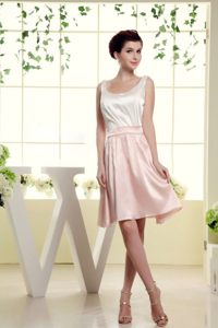 White and Baby Pink Dama Dress with Scoop Neckline in Mini-length